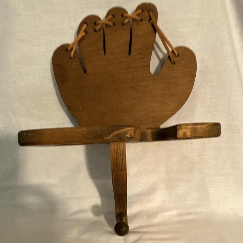 Vintage -style, handmade wood baseball glove wall rack w/leather lacing and hook